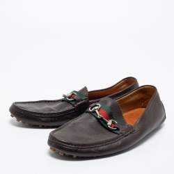 Gucci Brown Leather Web Horsebit Loafers Size 43.5