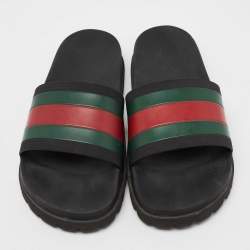 مملوكة مسبقًا صندل سلايد غوتشي تفاصيل ويب جلد أسود مقاس 41