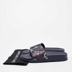 Pre Owned Gucci Navy Blue Leather Logo Pool Slides Size 44