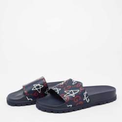 Pre Owned Gucci Navy Blue Leather Logo Pool Slides Size 44