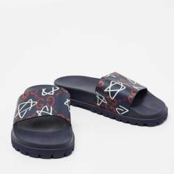 Pre Owned Gucci Navy Blue Leather Logo Pool Slides Size 44