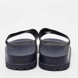 Pre Owned Gucci Navy Blue Leather Logo Pool Slides Size 44