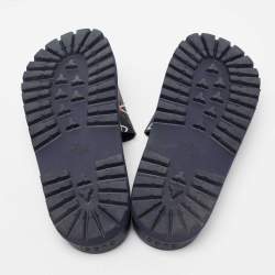 Pre Owned Gucci Navy Blue Leather Logo Pool Slides Size 44