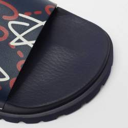 Pre Owned Gucci Navy Blue Leather Logo Pool Slides Size 44