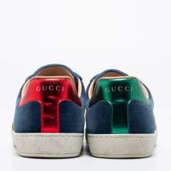 Gucci Blue Velvet And Leather Web Ace Sneakers Size 42