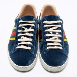 Gucci Blue Velvet And Leather Web Ace Sneakers Size 42