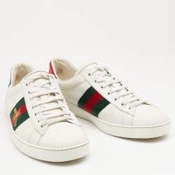 Pre Owned Gucci White Leather Web Detail Embroidered Bee Ace Low Top Sneakers Size 44