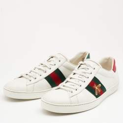Pre Owned Gucci White Leather Web Detail Embroidered Bee Ace Low Top Sneakers Size 44