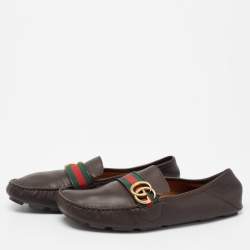 Pre Owned Gucci Dark Brown Leather GG Web Loafers Size 43.5
