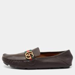 Pre Owned Gucci Dark Brown Leather GG Web Loafers Size 43.5
