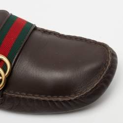 Pre Owned Gucci Dark Brown Leather GG Web Loafers Size 43.5