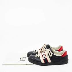 Pre Owned Gucci Black Leather Ace Stripe Low Top Sneakers  Size 40.5 