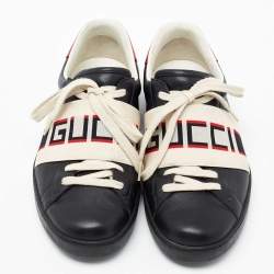 Pre Owned Gucci Black Leather Ace Stripe Low Top Sneakers  Size 40.5 