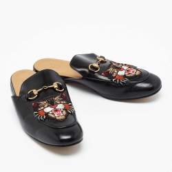 Gucci Black Tiger Patch Leather Princetown Horsebit Flat Mules Size 43