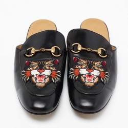 Gucci Black Tiger Patch Leather Princetown Horsebit Flat Mules Size 43