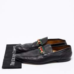 Gucci Black Leather Web Horsebit Loafers Size 43