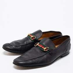 Gucci Black Leather Web Horsebit Loafers Size 43