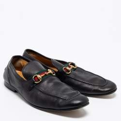 Gucci Black Leather Web Horsebit Loafers Size 43