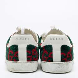 Gucci White/Green Leather And  Velvet Ace GG Terry Low Top Sneakers Size 41