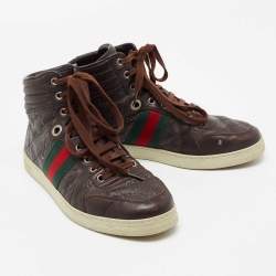 Gucci Brown Guccissima Leather Web Detail High Top Sneakers Size 40.5