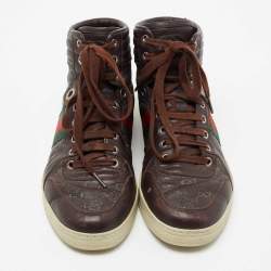 Gucci Brown Guccissima Leather Web Detail High Top Sneakers Size 40.5