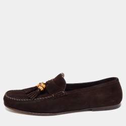 Gucci Brown Suede Bamboo Tassel Slip On Loafers Size 43.5