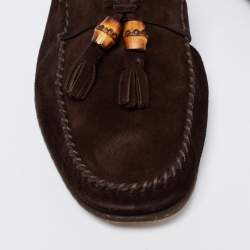 Gucci Brown Suede Bamboo Tassel Slip On Loafers Size 43.5