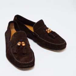 Gucci Brown Suede Bamboo Tassel Slip On Loafers Size 43.5