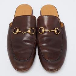 Pre Owned Gucci Dark Brown Leather Princetown Horsebit Mules Size 45.5