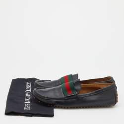 Gucci Black Leather Web Trim Slip On Loafers Size 41.5