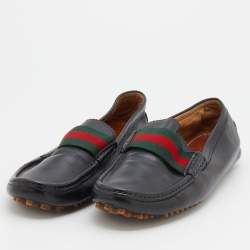 Gucci Black Leather Web Trim Slip On Loafers Size 41.5