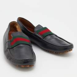 Gucci Black Leather Web Trim Slip On Loafers Size 41.5