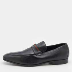 Gucci Black Leather Web Slip On Loafers Size 44.5