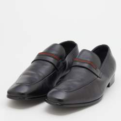Gucci Black Leather Web Slip On Loafers Size 44.5