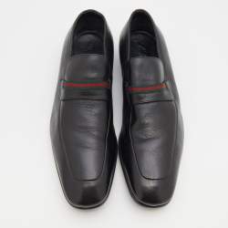 Gucci Black Leather Web Slip On Loafers Size 44.5