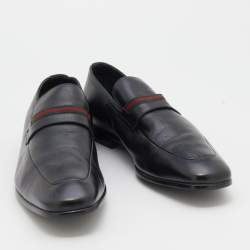 Gucci Black Leather Web Slip On Loafers Size 44.5