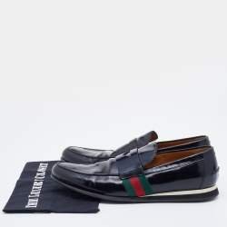 Gucci Black Leather Web Penny Slip On Loafers Size 42.5
