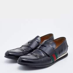 Gucci Black Leather Web Penny Slip On Loafers Size 42.5