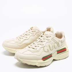 Pre Owned Gucci Cream Leather Rhyton Lace Up Sneakers Size 41.5