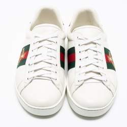 Pre Owned Gucci White Leather Embroidered Bee Web Ace Low-Top Sneakers Size 43