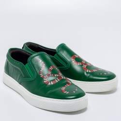 Pre Owned Gucci Green Leather Dublin Snake Slip On Sneakers Size 40.5