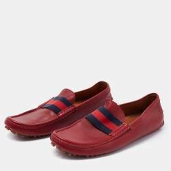 Gucci Red Leather New Auger Sylvie Web Accent Loafers Size 41