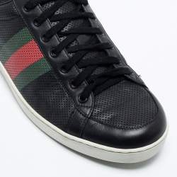 Pre Owned Gucci Black Perforated Leather Web Detail Low Top Sneakers Size 44 