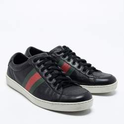 Pre Owned Gucci Black Perforated Leather Web Detail Low Top Sneakers Size 44 