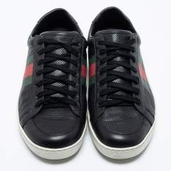 Pre Owned Gucci Black Perforated Leather Web Detail Low Top Sneakers Size 44 