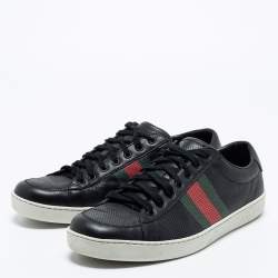 Pre Owned Gucci Black Perforated Leather Web Detail Low Top Sneakers Size 44 