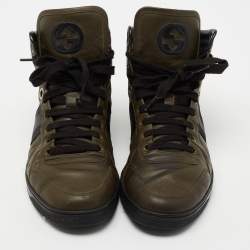 Gucci Army Green Leather Web Viaggio High-Top Sneakers Size 42
