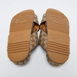 Pre Owned Gucci Beige/Brown GG Canvas And Leather Criss Cross Flat Slides Size 45