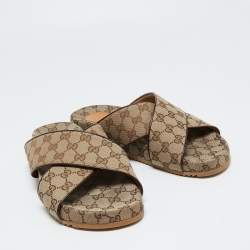 Pre Owned Gucci Beige/Brown GG Canvas And Leather Criss Cross Flat Slides Size 45