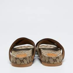 Pre Owned Gucci Beige/Brown GG Canvas And Leather Criss Cross Flat Slides Size 45